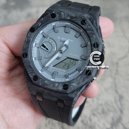 Casioak Mod Watch Carbon Fiber Superior Black Case Black Strap Gray Time Mark Gray Dial 44mm- Casioak Mod Casio G-Shock Royal Oak Custom Mens Luxury Watches Ga2100