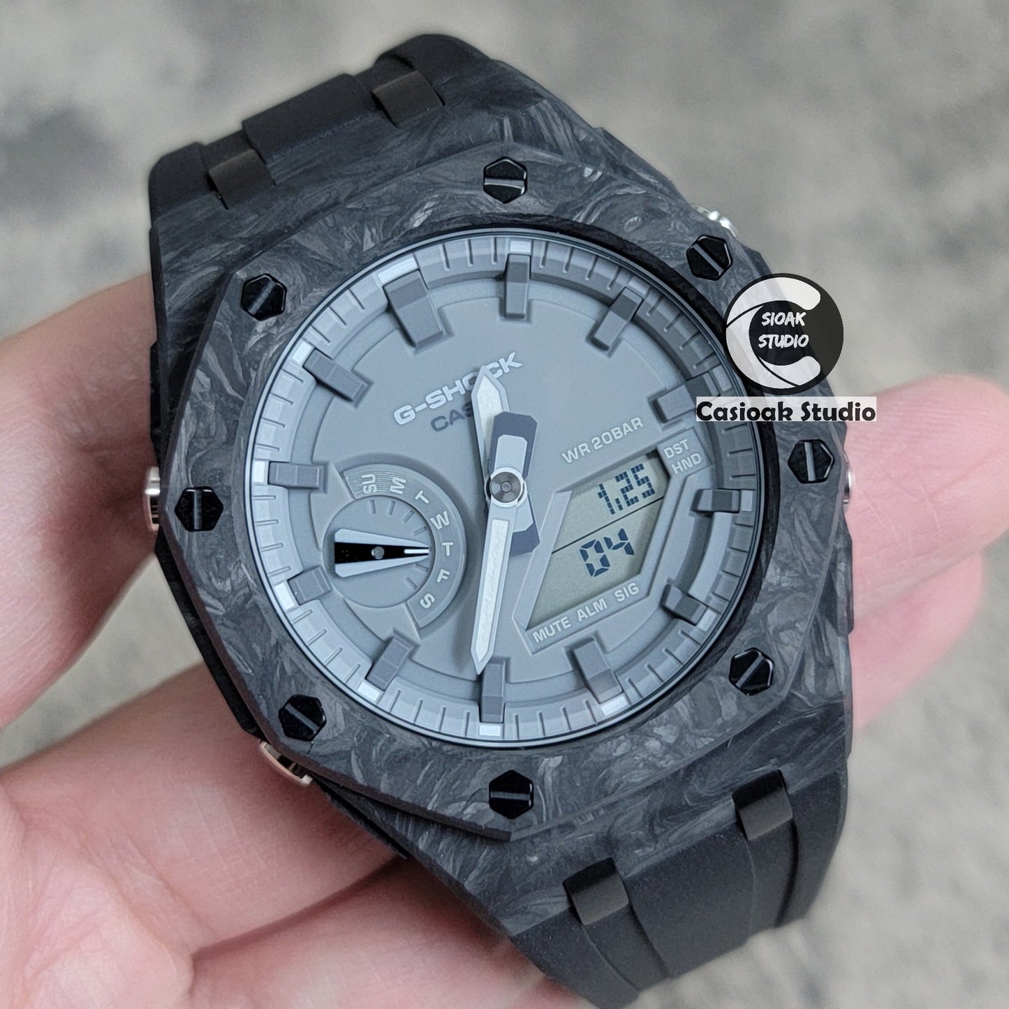 Casioak Mod Watch Carbon Fiber Superior Black Case Black Strap Gray Time Mark Gray Dial 44mm- Casioak Mod Casio G-Shock Royal Oak Custom Mens Luxury Watches Ga2100