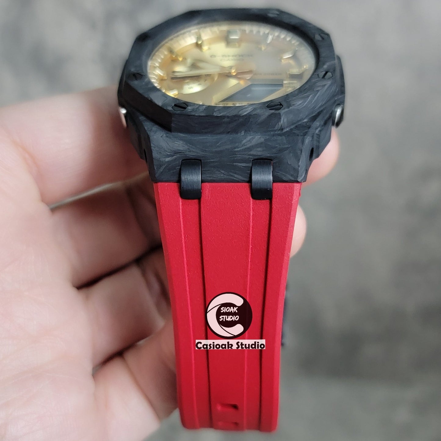 Casioak Mod Watch Carbon Fiber Superior Black Case Red Strap Gold Time Mark Gold Dial 44mm- Casioak Mod Casio G-Shock Royal Oak Custom Mens Luxury Watches Ga2100