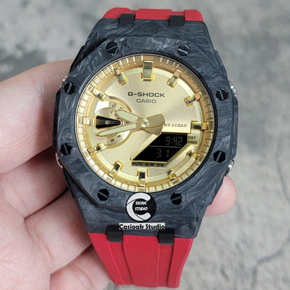 Casioak Mod Watch Carbon Fiber Superior Black Case Red Strap Gold Time Mark Gold Dial 44mm- Casioak Mod Casio G-Shock Royal Oak Custom Mens Luxury Watches Ga2100