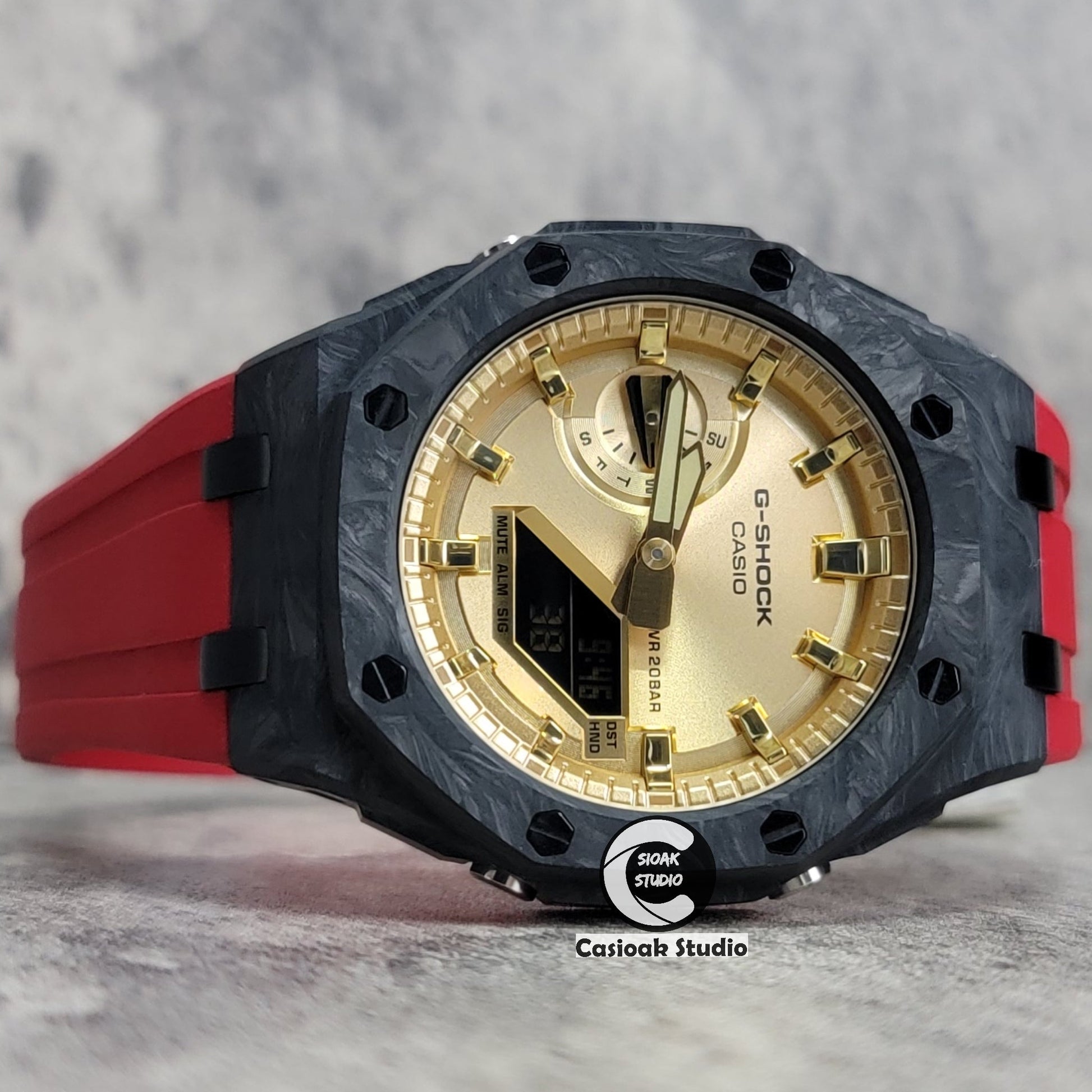 Casioak Mod Watch Carbon Fiber Superior Black Case Red Strap Gold Time Mark Gold Dial 44mm- Casioak Mod Casio G-Shock Royal Oak Custom Mens Luxury Watches Ga2100