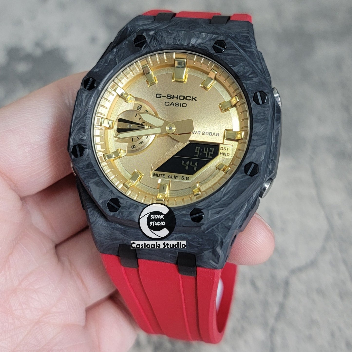 Casioak Mod Watch Carbon Fiber Superior Black Case Red Strap Gold Time Mark Gold Dial 44mm- Casioak Mod Casio G-Shock Royal Oak Custom Mens Luxury Watches Ga2100