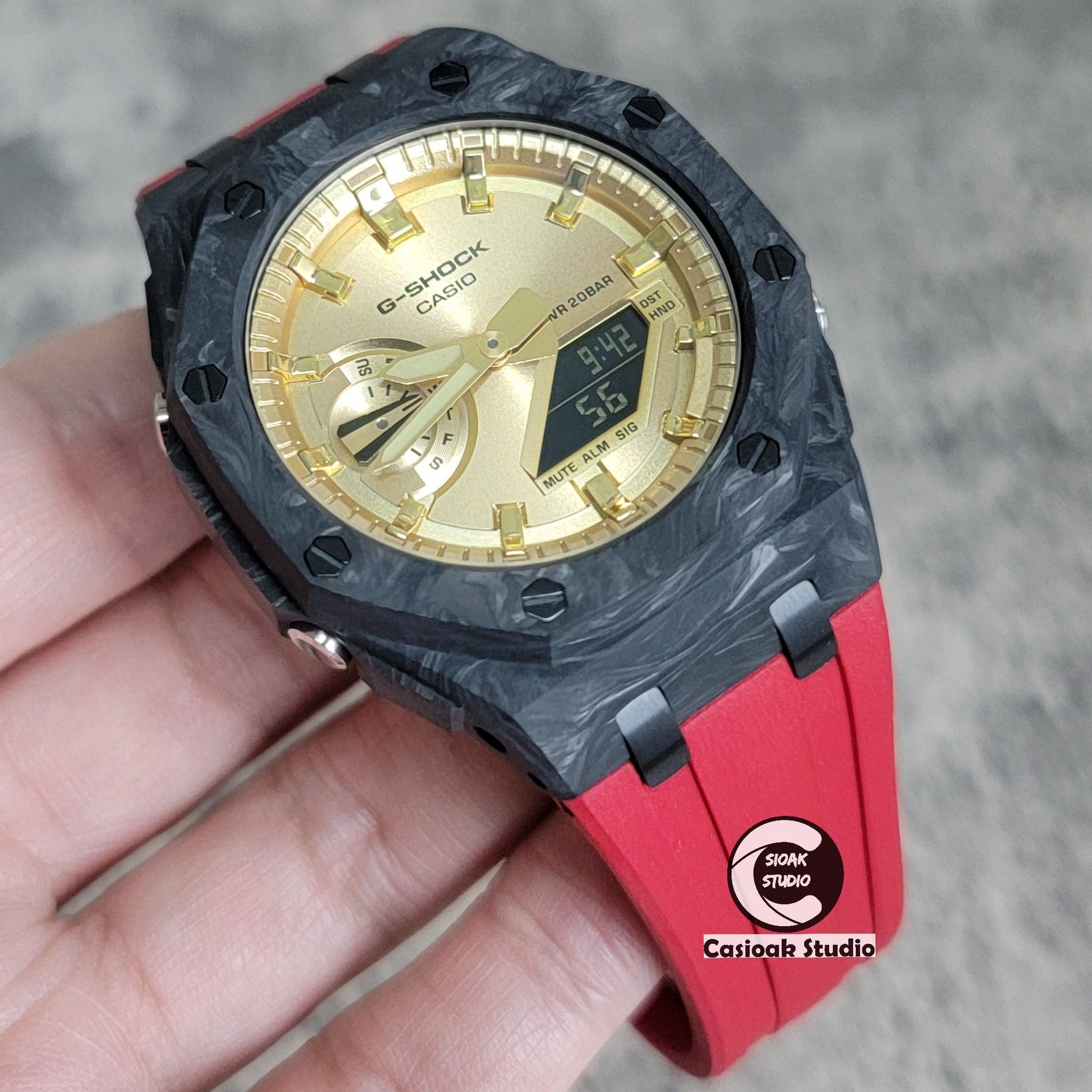 Casioak Mod Watch Carbon Fiber Superior Black Case Red Strap Gold Time Mark Gold Dial 44mm- Casioak Mod Casio G-Shock Royal Oak Custom Mens Luxury Watches Ga2100