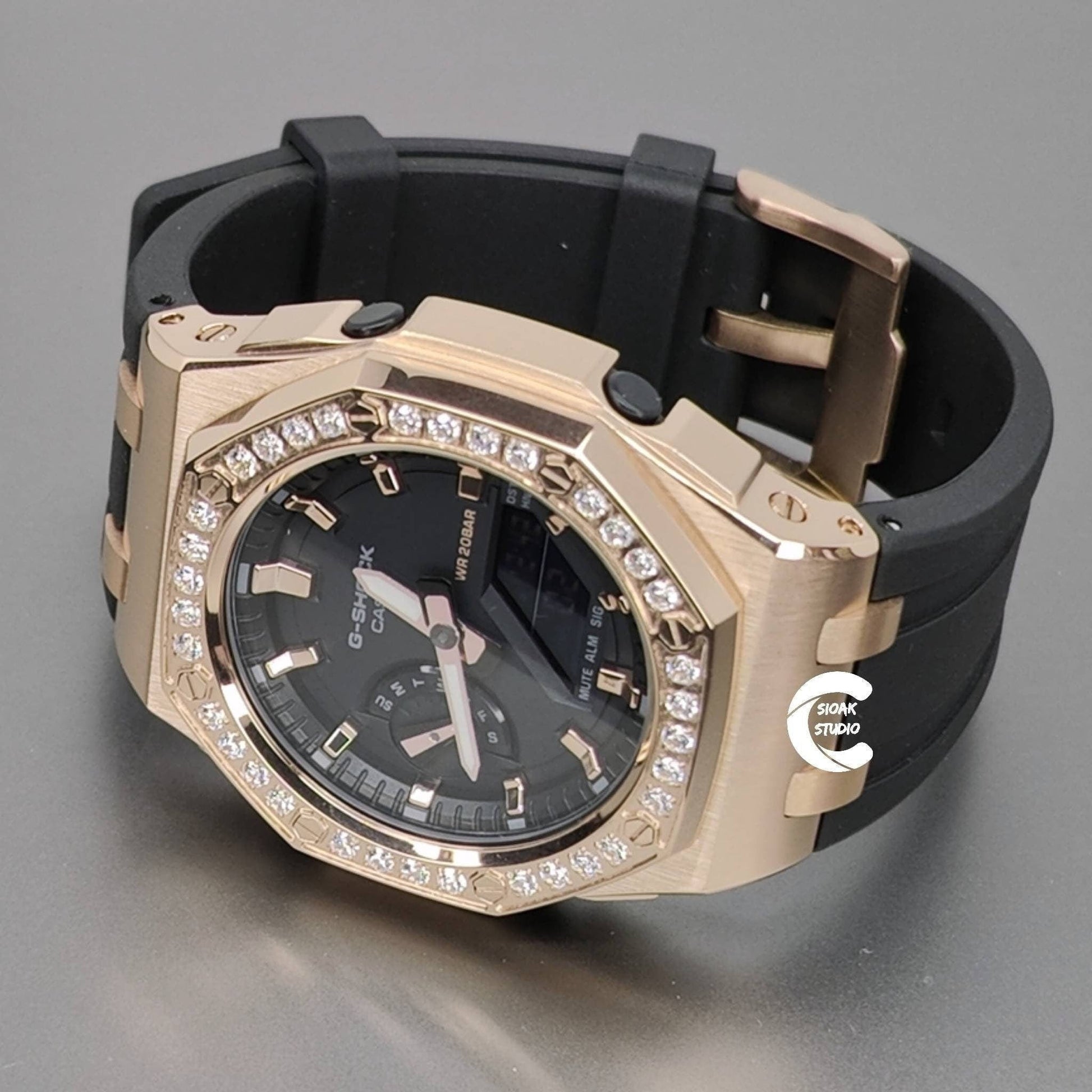 Casioak Mod Watch Diamond Offshore Superior Rose Gold Case Black Rubber Strap Black Rose Gold Time Mark Black Dial 42m- Casioak Mod Casio G-Shock Royal Oak Custom Mens Luxury Watches Ga2100