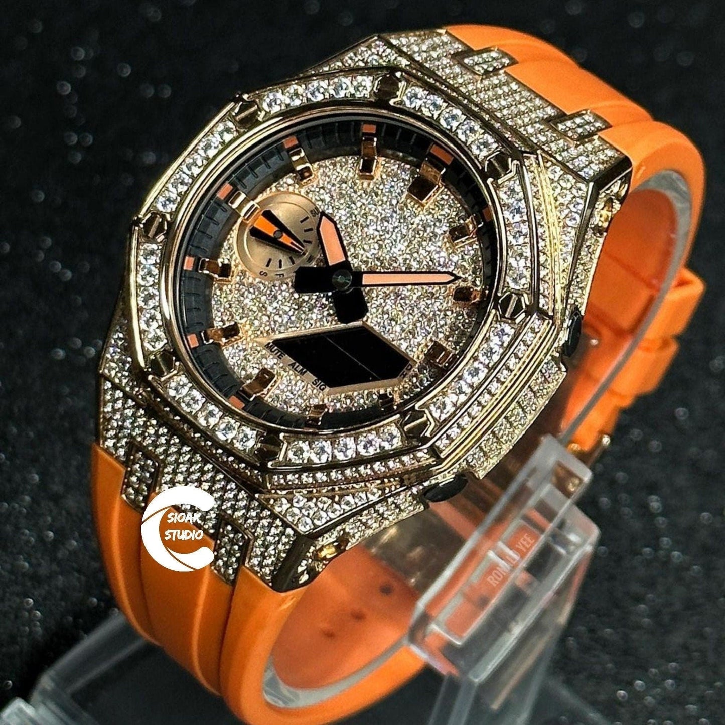 Casioak Mod Watch Diamond Rose Gold Case Orange Strap Black Rose Gold Time Mark Diamond Dial 44mm- Casioak Mod Casio G-Shock Royal Oak Custom Mens Luxury Watches Ga2100