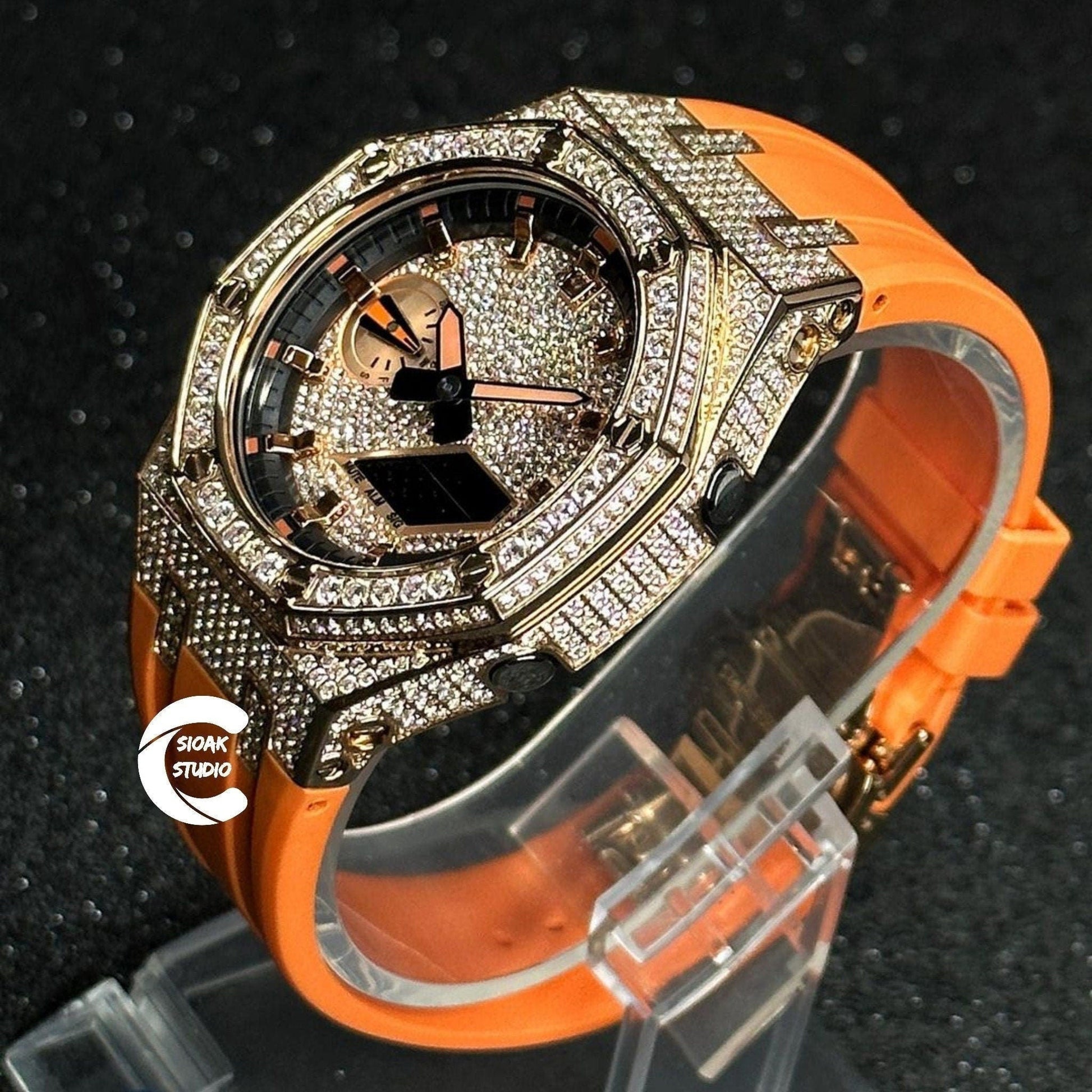 Casioak Mod Watch Diamond Rose Gold Case Orange Strap Black Rose Gold Time Mark Diamond Dial 44mm- Casioak Mod Casio G-Shock Royal Oak Custom Mens Luxury Watches Ga2100