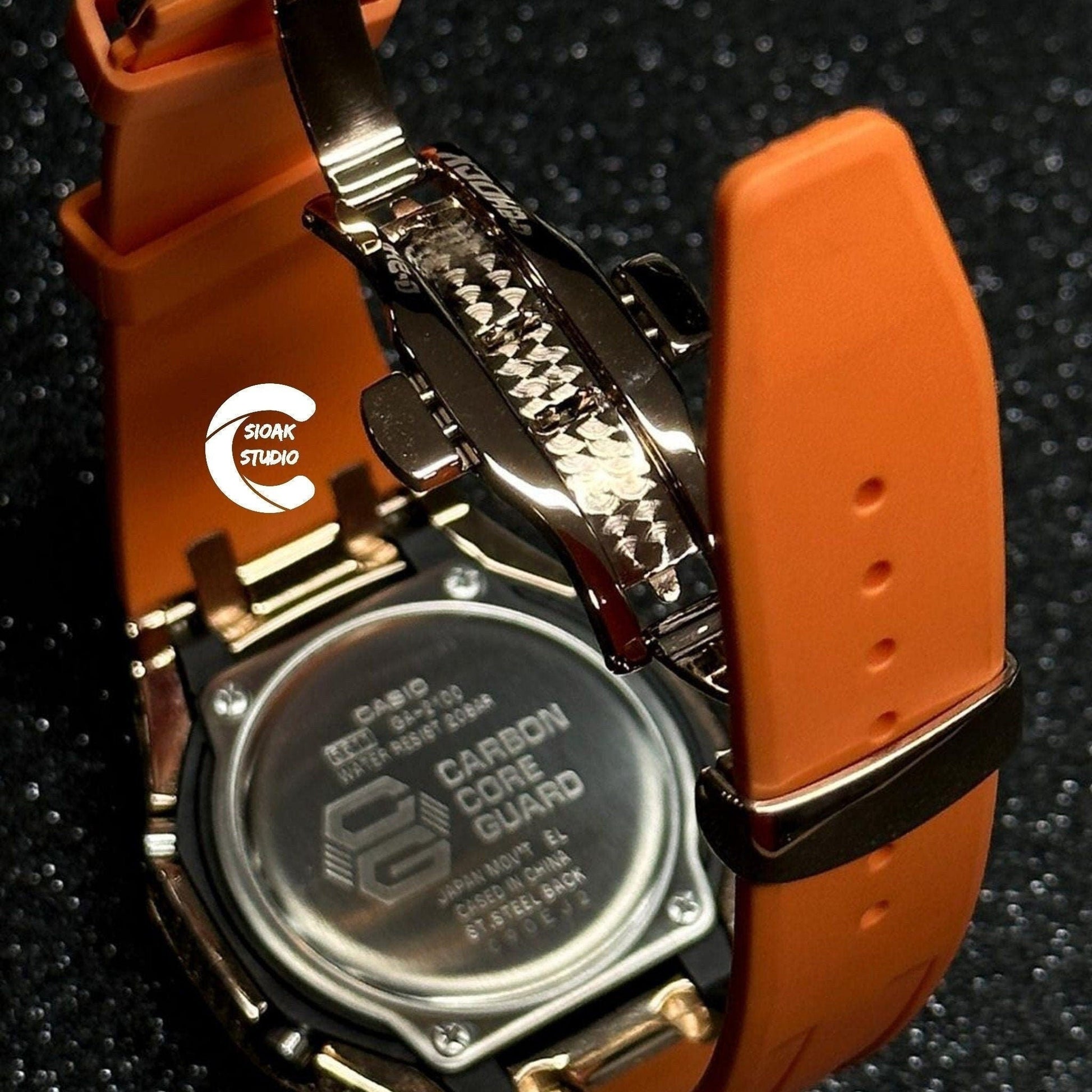 Casioak Mod Watch Diamond Rose Gold Case Orange Strap Black Rose Gold Time Mark Diamond Dial 44mm- Casioak Mod Casio G-Shock Royal Oak Custom Mens Luxury Watches Ga2100