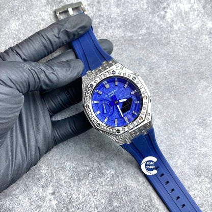 Casioak Mod Watch Diamond Silver Case Blue Strap Blue Silver Time Mark Blue Dial 44mm- Casioak Mod Casio G-Shock Royal Oak Custom Mens Luxury Watches Ga2100