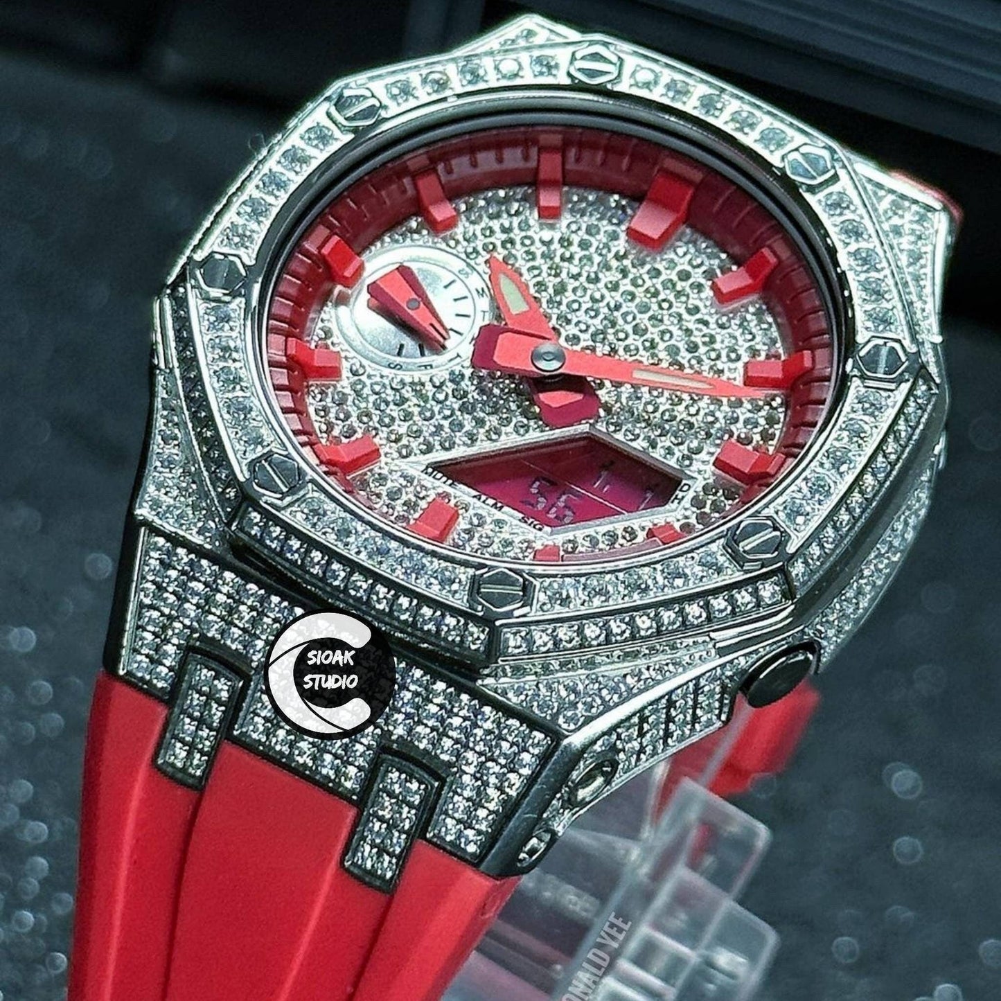 Casioak Mod Watch Diamond Silver Case Red Strap Red Time Mark Diamond Dial 44mm- Casioak Mod Casio G-Shock Royal Oak Custom Mens Luxury Watches Ga2100