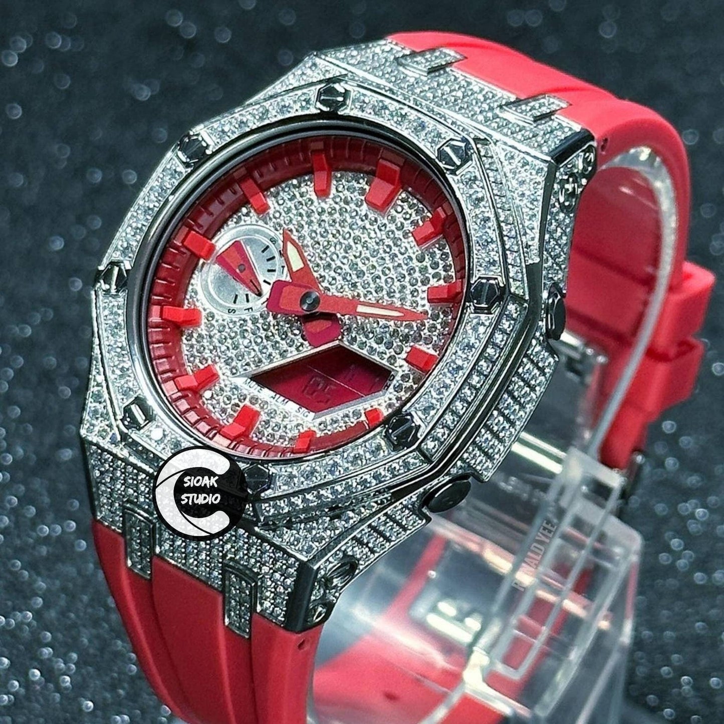 Casioak Mod Watch Diamond Silver Case Red Strap Red Time Mark Diamond Dial 44mm- Casioak Mod Casio G-Shock Royal Oak Custom Mens Luxury Watches Ga2100