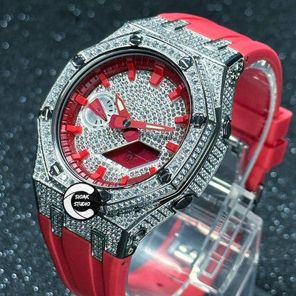 Casioak Mod Watch Diamond Silver Case Red Strap Red Time Mark Diamond Dial 44mm- Casioak Mod Casio G-Shock Royal Oak Custom Mens Luxury Watches Ga2100