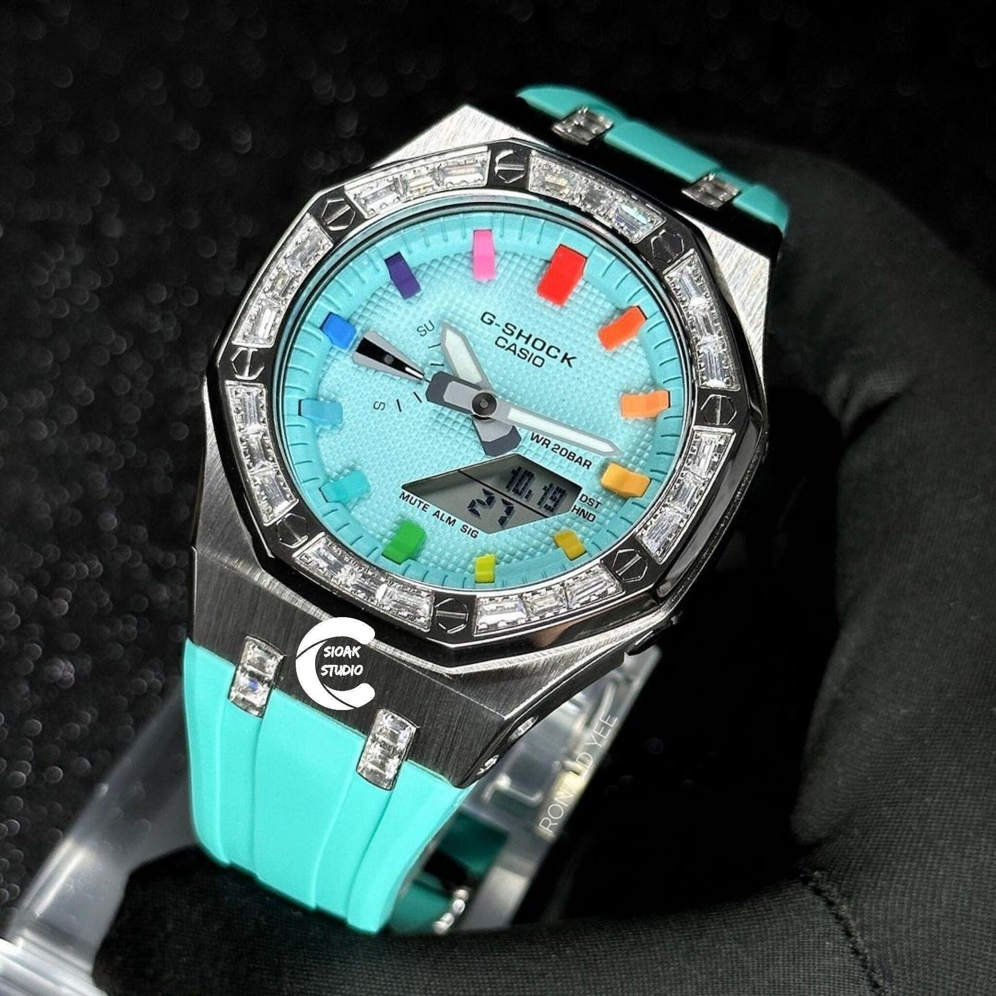 Casioak Mod Watch Diamond Silver Case Tiff Strap Tiff Rainbow Time Mark Tiff Blue Dial 44mm- Casioak Mod Casio G-Shock Royal Oak Custom Mens Luxury Watches Ga2100