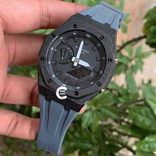 Casioak Mod Watch Frosted Black Case Gray Strap Black Time Mark Black Dial 44mm  Men- Casioak Mod Casio G-Shock Royal Oak Custom Mens Luxury Watches Ga2100