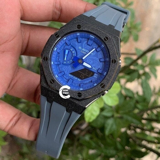 Casioak Mod Watch Frosted Black Case Gray Strap Blue Time Mark Blue Dial 44mm  Men- Casioak Mod Casio G-Shock Royal Oak Custom Mens Luxury Watches Ga2100