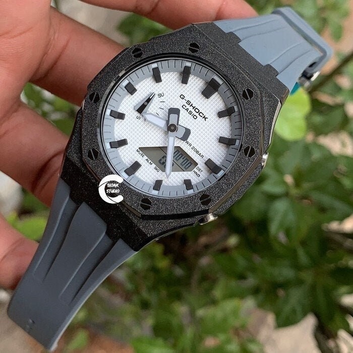 Casioak Mod Watch Frosted Black Case Gray Strap Gray Black Time Mark White Dial 44mm  Men- Casioak Mod Casio G-Shock Royal Oak Custom Mens Luxury Watches Ga2100