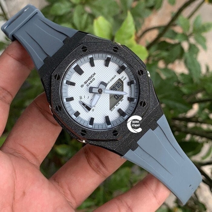 Casioak Mod Watch Frosted Black Case Gray Strap Gray Black Time Mark White Dial 44mm  Men- Casioak Mod Casio G-Shock Royal Oak Custom Mens Luxury Watches Ga2100