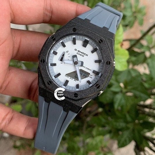 Casioak Mod Watch Frosted Black Case Gray Strap Gray Black Time Mark White Dial 44mm  Men- Casioak Mod Casio G-Shock Royal Oak Custom Mens Luxury Watches Ga2100