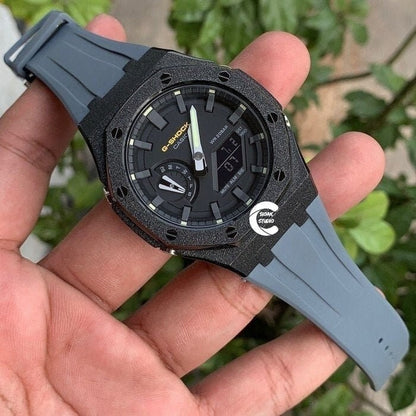 Casioak Mod Watch Frosted Black Case Gray Strap Gray Time Mark Black Dial 44mm  Men- Casioak Mod Casio G-Shock Royal Oak Custom Mens Luxury Watches Ga2100