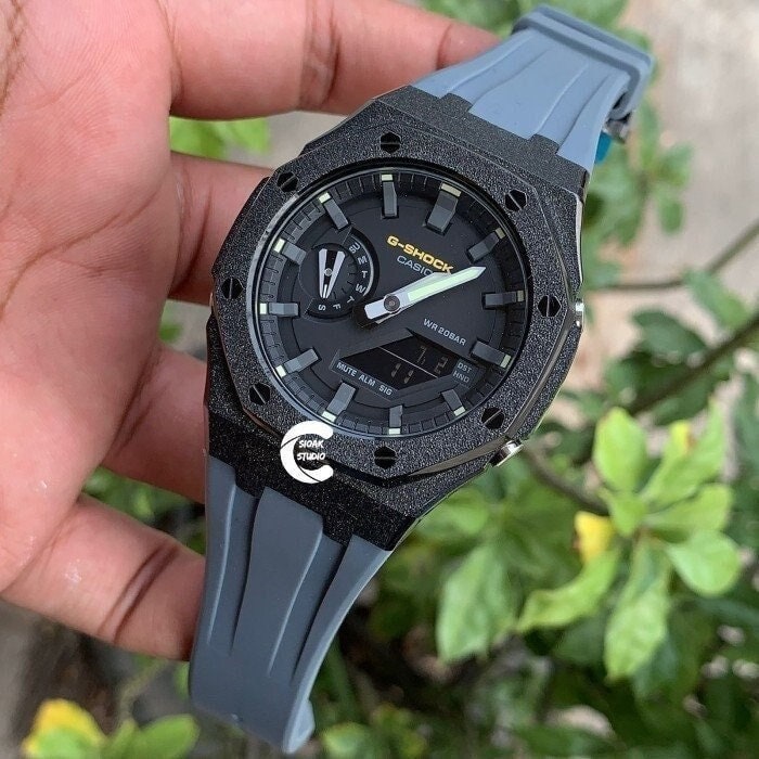 Casioak Mod Watch Frosted Black Case Gray Strap Gray Time Mark Black Dial 44mm  Men- Casioak Mod Casio G-Shock Royal Oak Custom Mens Luxury Watches Ga2100