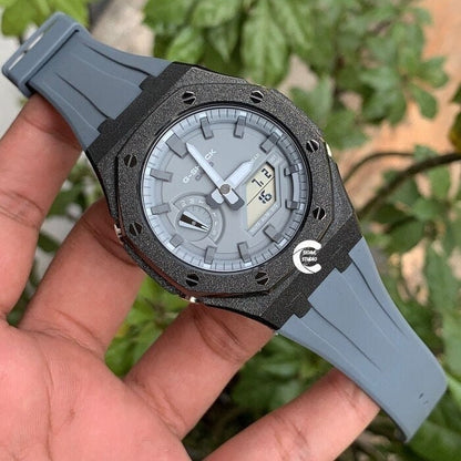 Casioak Mod Watch Frosted Black Case Gray Strap Gray Time Mark Gray Dial 44mm  Men- Casioak Mod Casio G-Shock Royal Oak Custom Mens Luxury Watches Ga2100