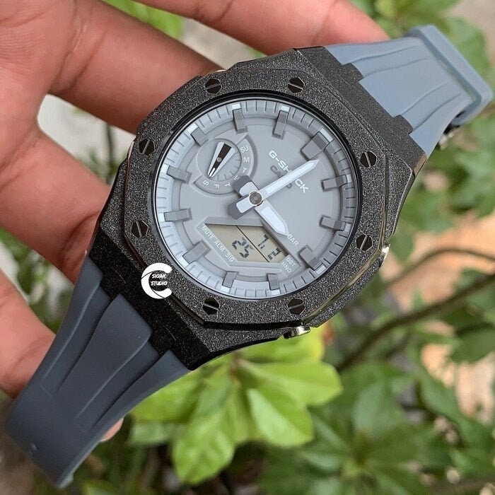 Casioak Mod Watch Frosted Black Case Gray Strap Gray Time Mark Gray Dial 44mm  Men- Casioak Mod Casio G-Shock Royal Oak Custom Mens Luxury Watches Ga2100