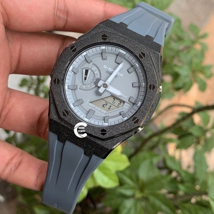 Casioak Mod Watch Frosted Black Case Gray Strap Gray Time Mark Gray Dial 44mm  Men- Casioak Mod Casio G-Shock Royal Oak Custom Mens Luxury Watches Ga2100