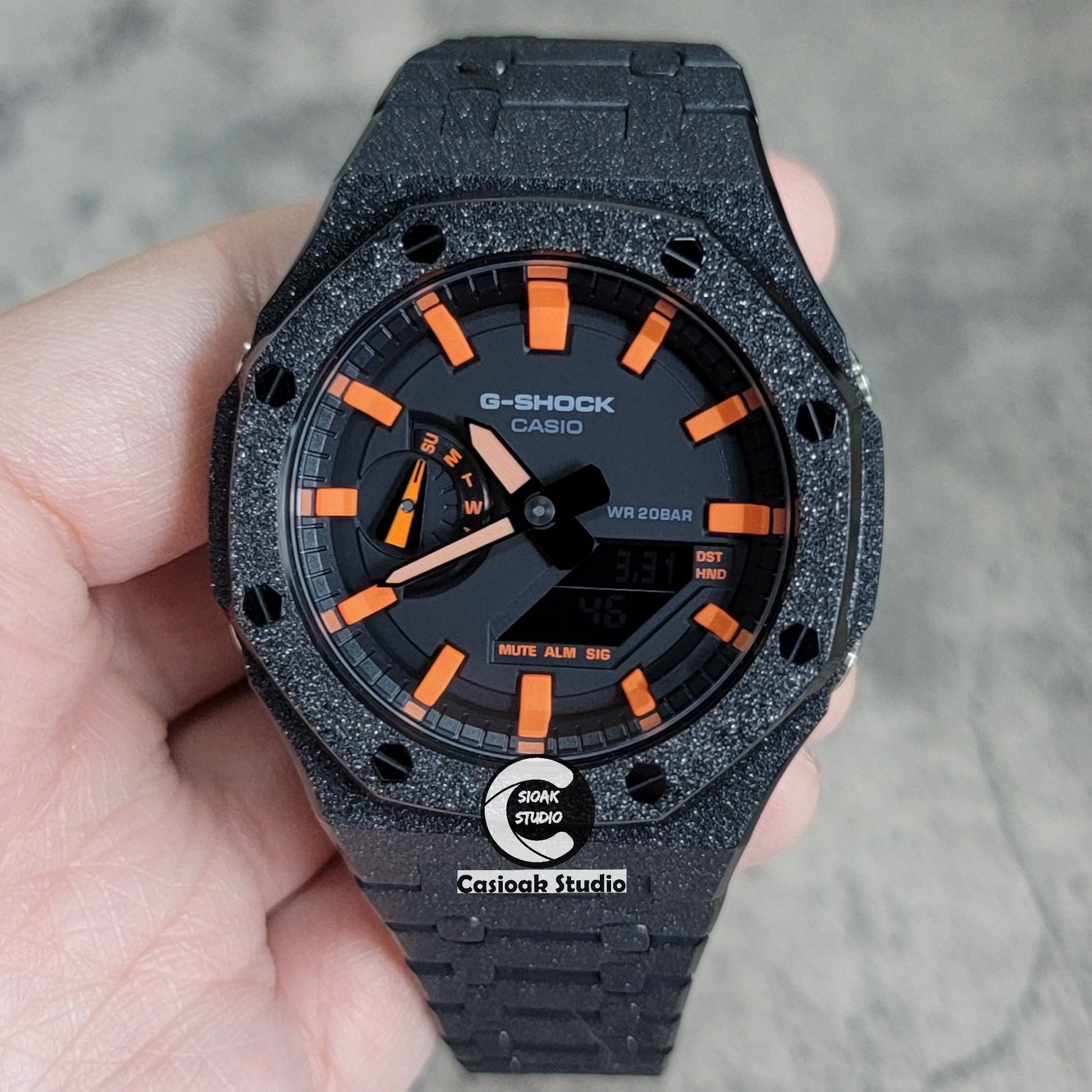 Casioak Mod Watch Frosted Black Case Metal Strap Black Orange Time Mark Black Dial 44mm- Casioak Mod Casio G-Shock Royal Oak Custom Mens Luxury Watches Ga2100