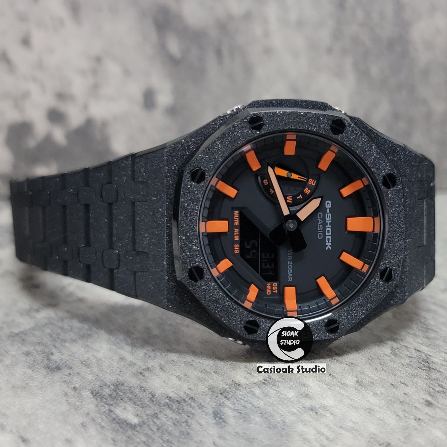 Casioak Mod Watch Frosted Black Case Metal Strap Black Orange Time Mark Black Dial 44mm- Casioak Mod Casio G-Shock Royal Oak Custom Mens Luxury Watches Ga2100