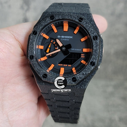 Casioak Mod Watch Frosted Black Case Metal Strap Black Orange Time Mark Black Dial 44mm- Casioak Mod Casio G-Shock Royal Oak Custom Mens Luxury Watches Ga2100