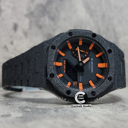 Casioak Mod Watch Frosted Black Case Metal Strap Black Orange Time Mark Black Dial 44mm- Casioak Mod Casio G-Shock Royal Oak Custom Mens Luxury Watches Ga2100