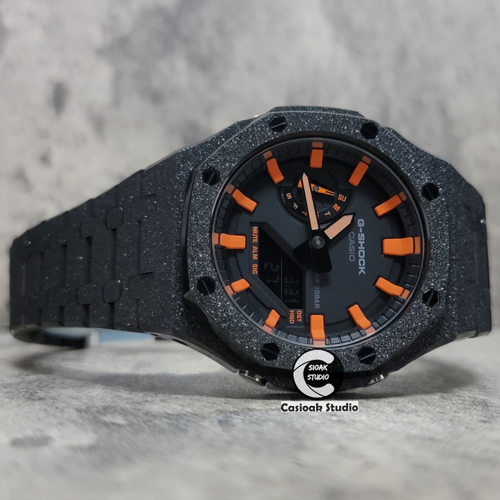 Casioak Mod Watch Frosted Black Case Metal Strap Black Orange Time Mark Black Dial 44mm- Casioak Mod Casio G-Shock Royal Oak Custom Mens Luxury Watches Ga2100