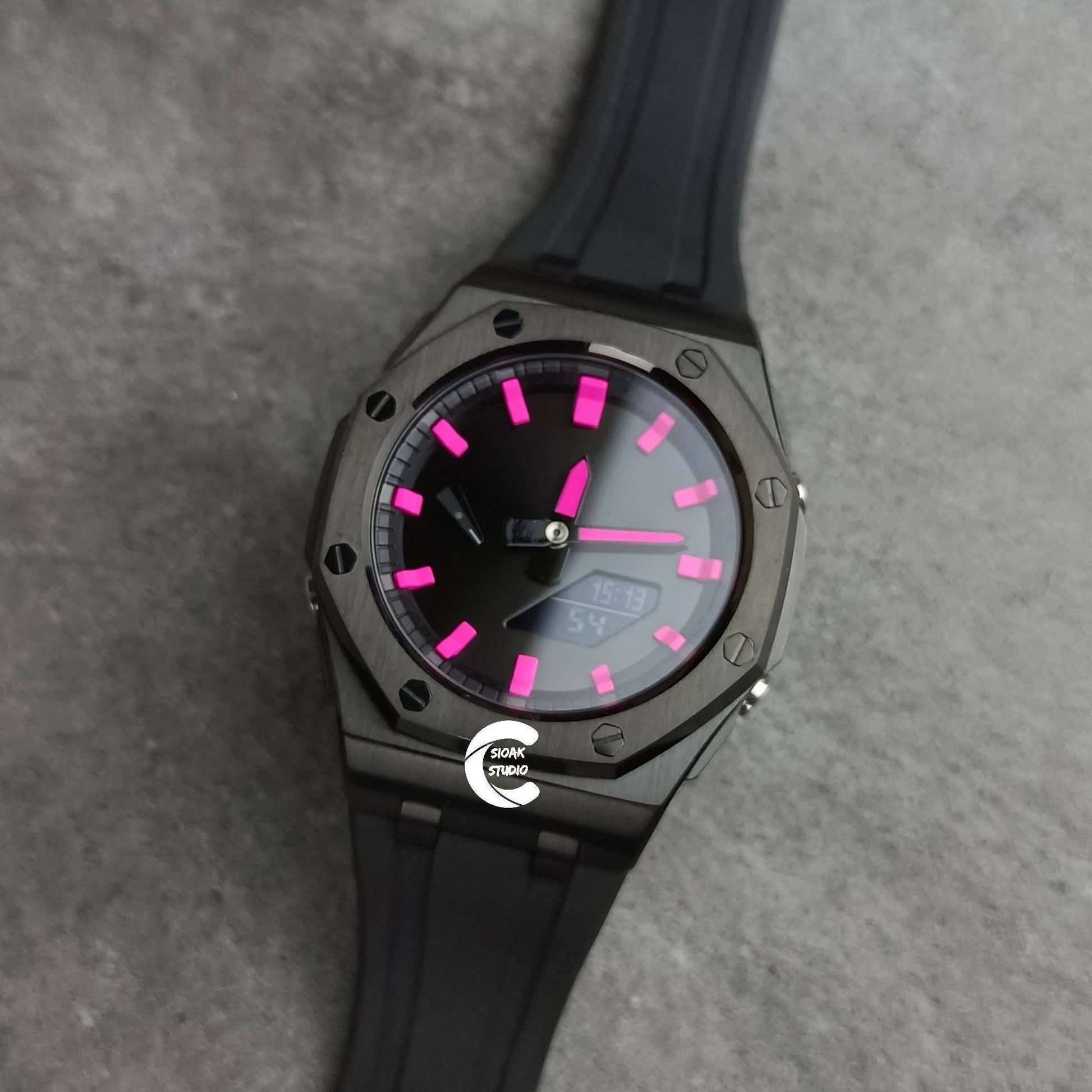 Casioak Mod Watch Frosted Black Case Metal Strap Black Pink Time Mark Black Dial 44mm- Casioak Mod Casio G-Shock Royal Oak Custom Mens Luxury Watches Ga2100