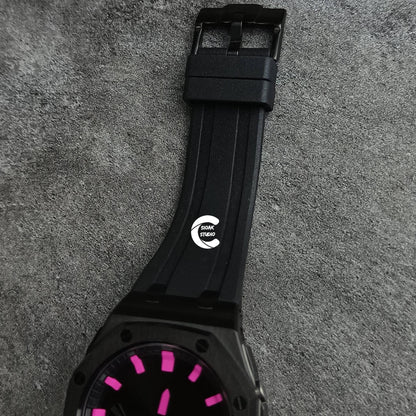 Casioak Mod Watch Frosted Black Case Metal Strap Black Pink Time Mark Black Dial 44mm- Casioak Mod Casio G-Shock Royal Oak Custom Mens Luxury Watches Ga2100