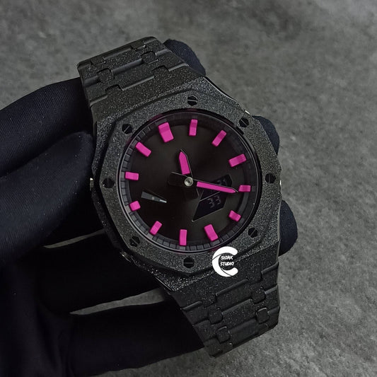 Casioak Mod Watch Frosted Black Case Metal Strap Black Pink Time Mark Black Dial 44mm- Casioak Mod Casio G-Shock Royal Oak Custom Mens Luxury Watches Ga2100