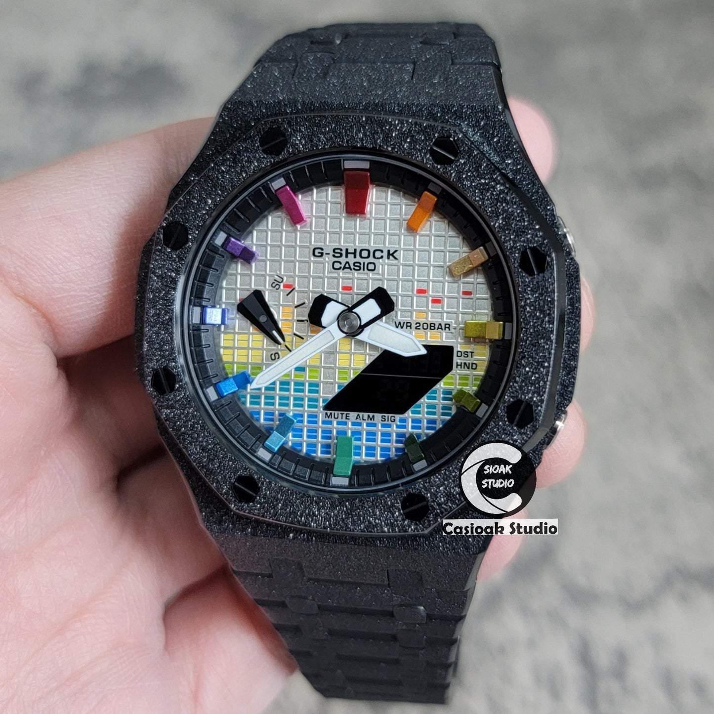 Casioak Mod Watch Frosted Black Case Metal Strap Black Rainbow Time Mark Music Dial 44mm- Casioak Mod Casio G-Shock Royal Oak Custom Mens Luxury Watches Ga2100