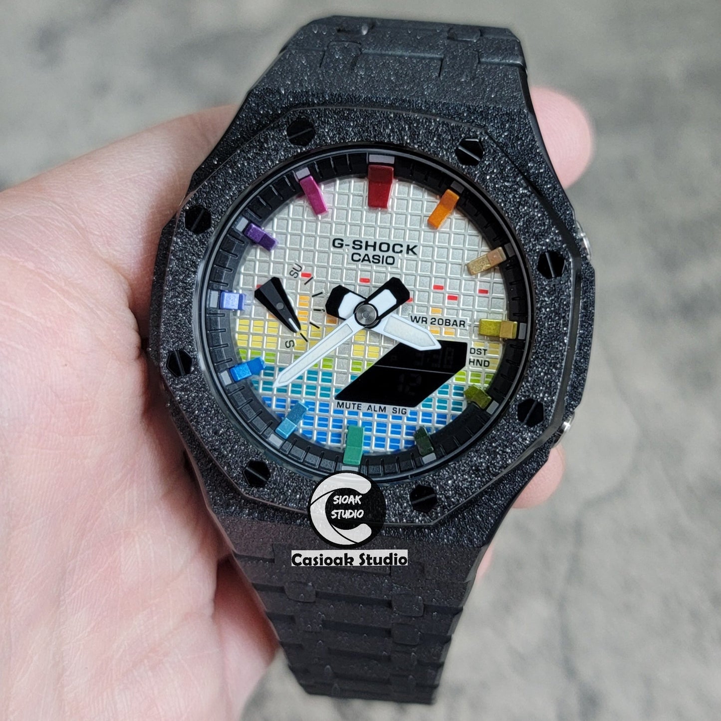 Casioak Mod Watch Frosted Black Case Metal Strap Black Rainbow Time Mark Music Dial 44mm- Casioak Mod Casio G-Shock Royal Oak Custom Mens Luxury Watches Ga2100