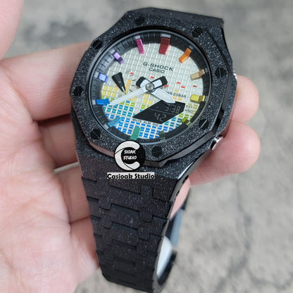 Casioak Mod Watch Frosted Black Case Metal Strap Black Rainbow Time Mark Music Dial 44mm- Casioak Mod Casio G-Shock Royal Oak Custom Mens Luxury Watches Ga2100