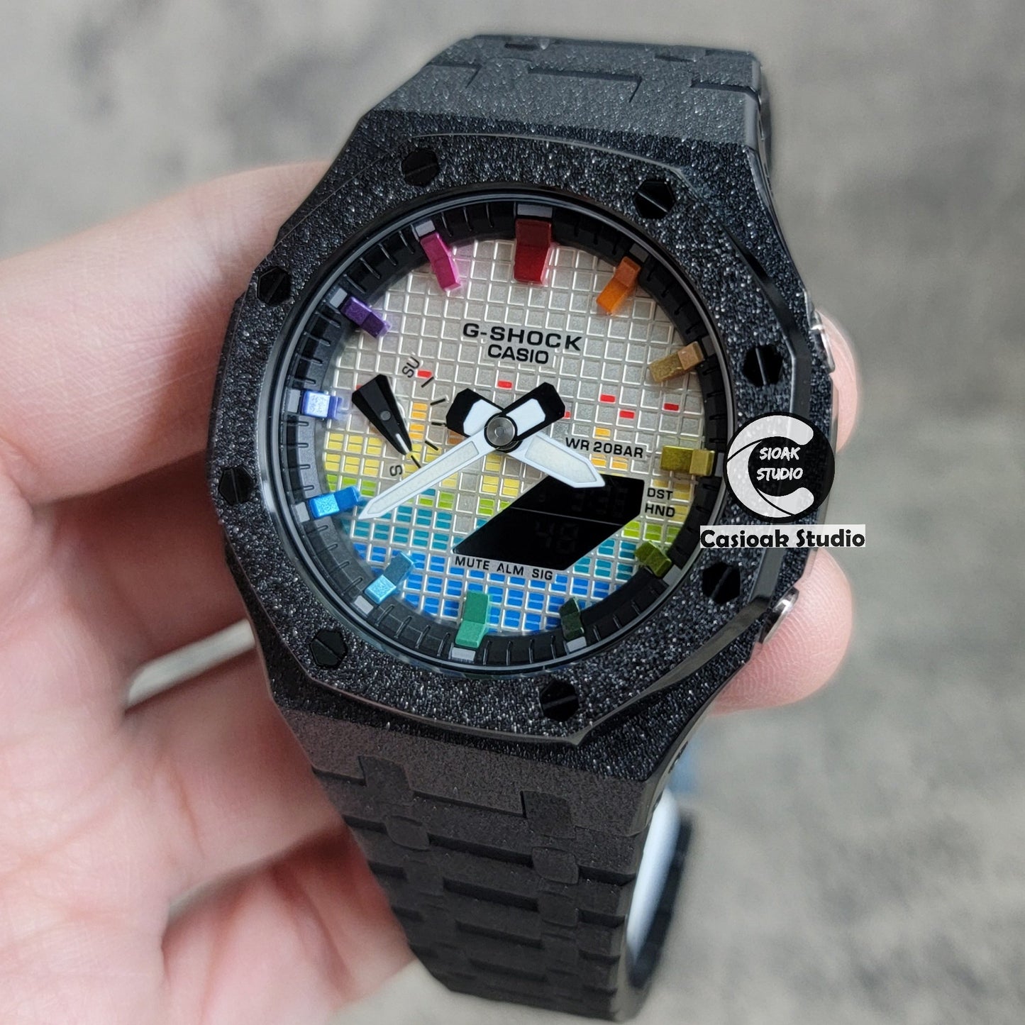 Casioak Mod Watch Frosted Black Case Metal Strap Black Rainbow Time Mark Music Dial 44mm- Casioak Mod Casio G-Shock Royal Oak Custom Mens Luxury Watches Ga2100