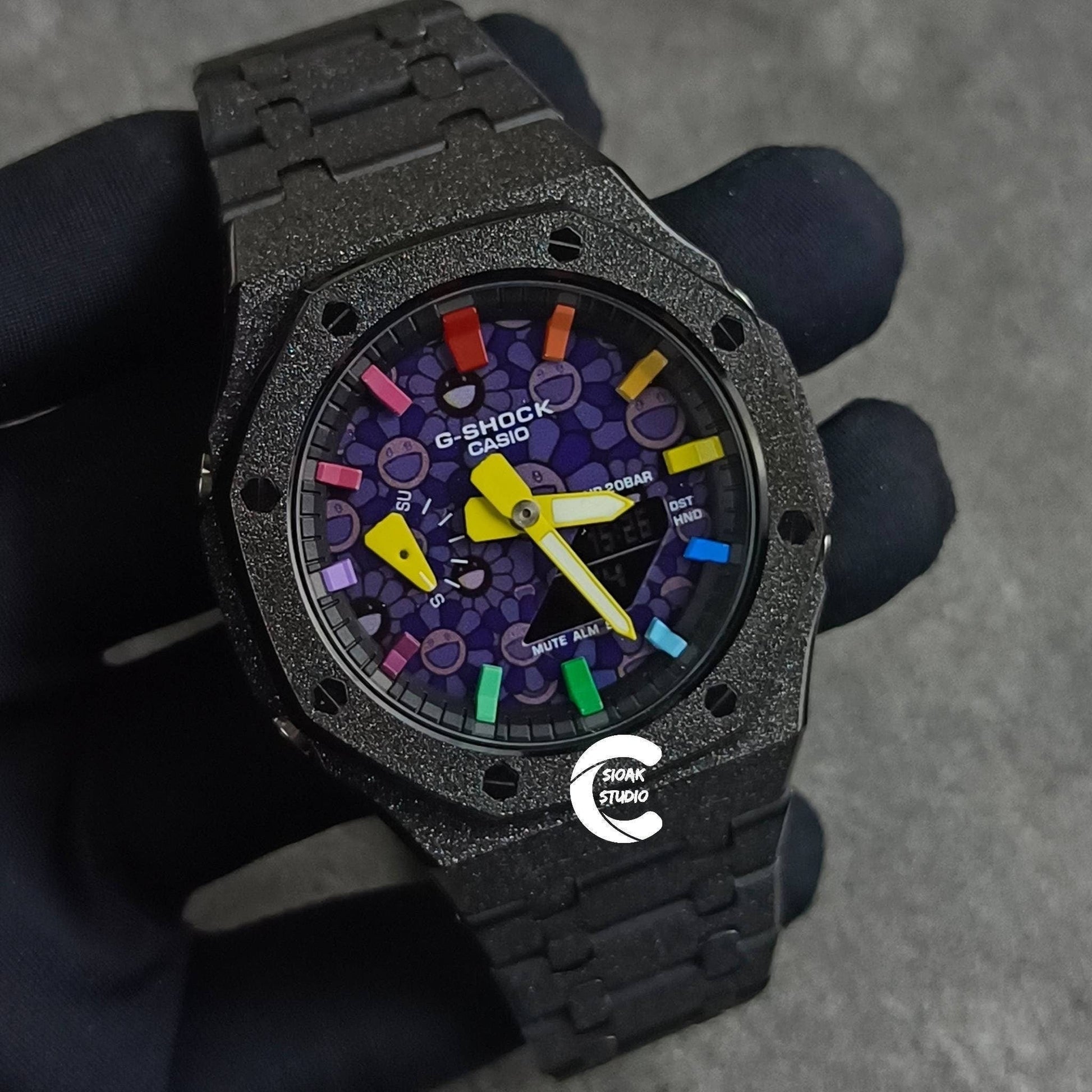 Casioak Mod Watch Frosted Black Case Metal Strap Black Rainbow Time Mark Takashi Murakami Dial 44mm- Casioak Mod Casio G-Shock Royal Oak Custom Mens Luxury Watches Ga2100