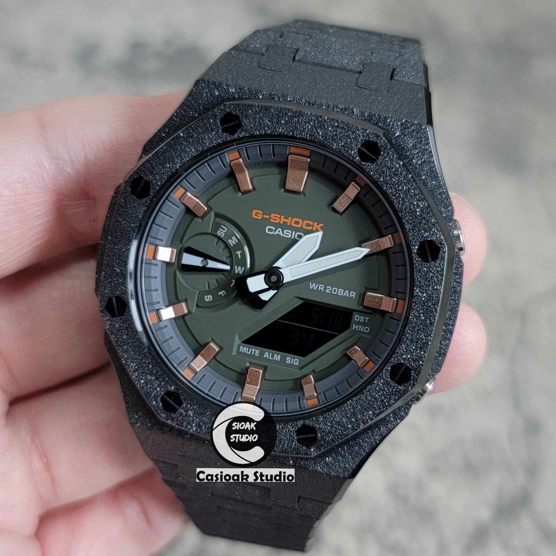 Casioak Mod Watch Frosted Black Case Metal Strap Black Rose Gold Time Mark Green Dial 44mm- Casioak Mod Casio G-Shock Royal Oak Custom Mens Luxury Watches Ga2100