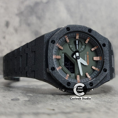 Casioak Mod Watch Frosted Black Case Metal Strap Black Rose Gold Time Mark Green Dial 44mm- Casioak Mod Casio G-Shock Royal Oak Custom Mens Luxury Watches Ga2100