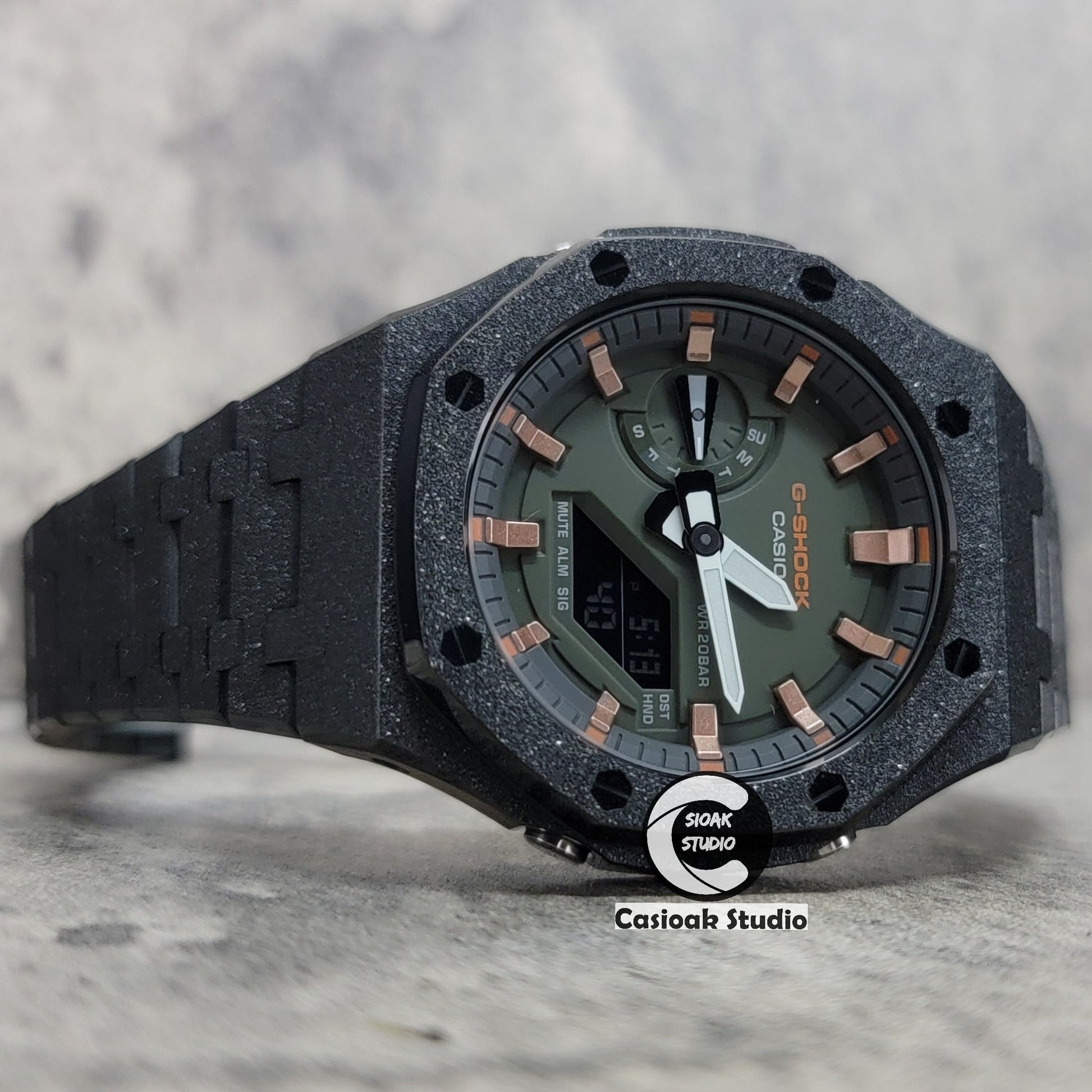 Casioak Mod Watch Frosted Black Case Metal Strap Black Rose Gold Time Mark Green Dial 44mm- Casioak Mod Casio G-Shock Royal Oak Custom Mens Luxury Watches Ga2100