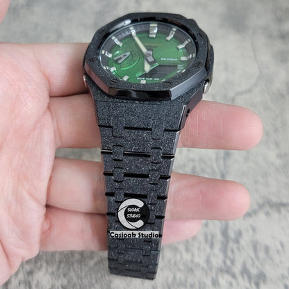 Casioak Mod Watch Frosted Black Case Metal Strap Black Silver Time Mark Green Dial 44mm- Casioak Mod Casio G-Shock Royal Oak Custom Mens Luxury Watches Ga2100