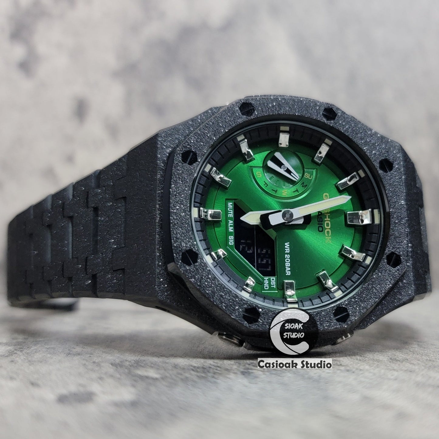 Casioak Mod Watch Frosted Black Case Metal Strap Black Silver Time Mark Green Dial 44mm- Casioak Mod Casio G-Shock Royal Oak Custom Mens Luxury Watches Ga2100