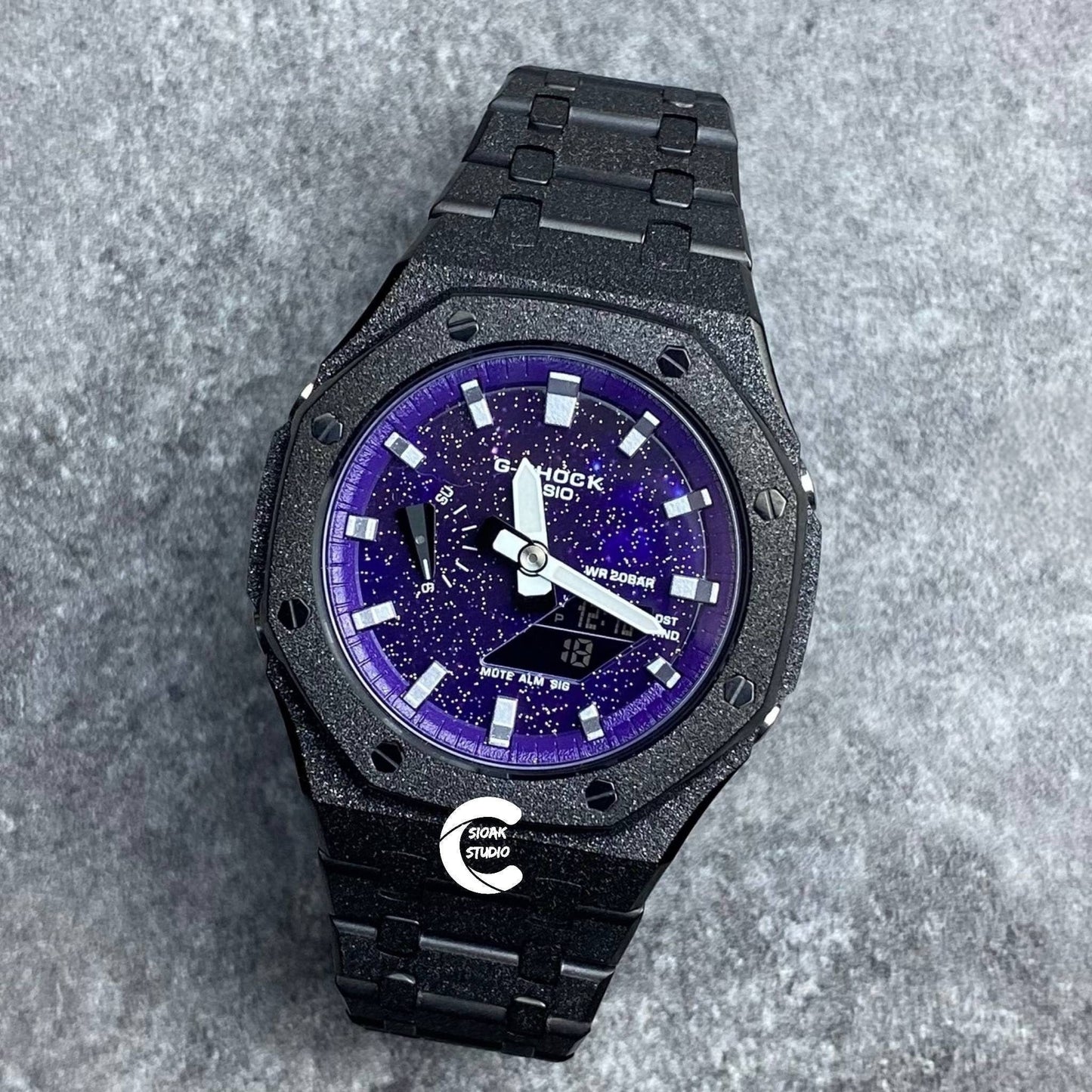 Casioak Mod Watch Frosted Black Case Metal Strap Black Silver Time Mark Purple Dial 44mm- Casioak Mod Casio G-Shock Royal Oak Custom Mens Luxury Watches Ga2100