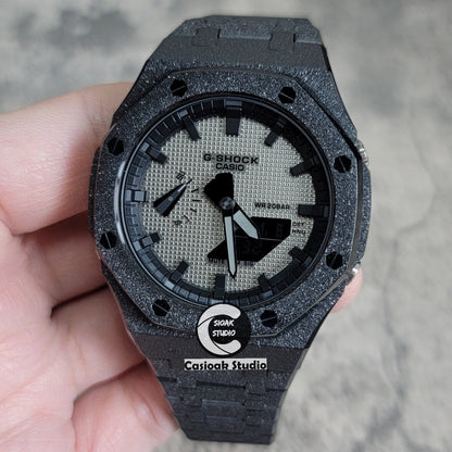 Casioak Mod Watch Frosted Black Case Metal Strap Black Time Mark Gray Waffle Dial 44mm- Casioak Mod Casio G-Shock Royal Oak Custom Mens Luxury Watches Ga2100