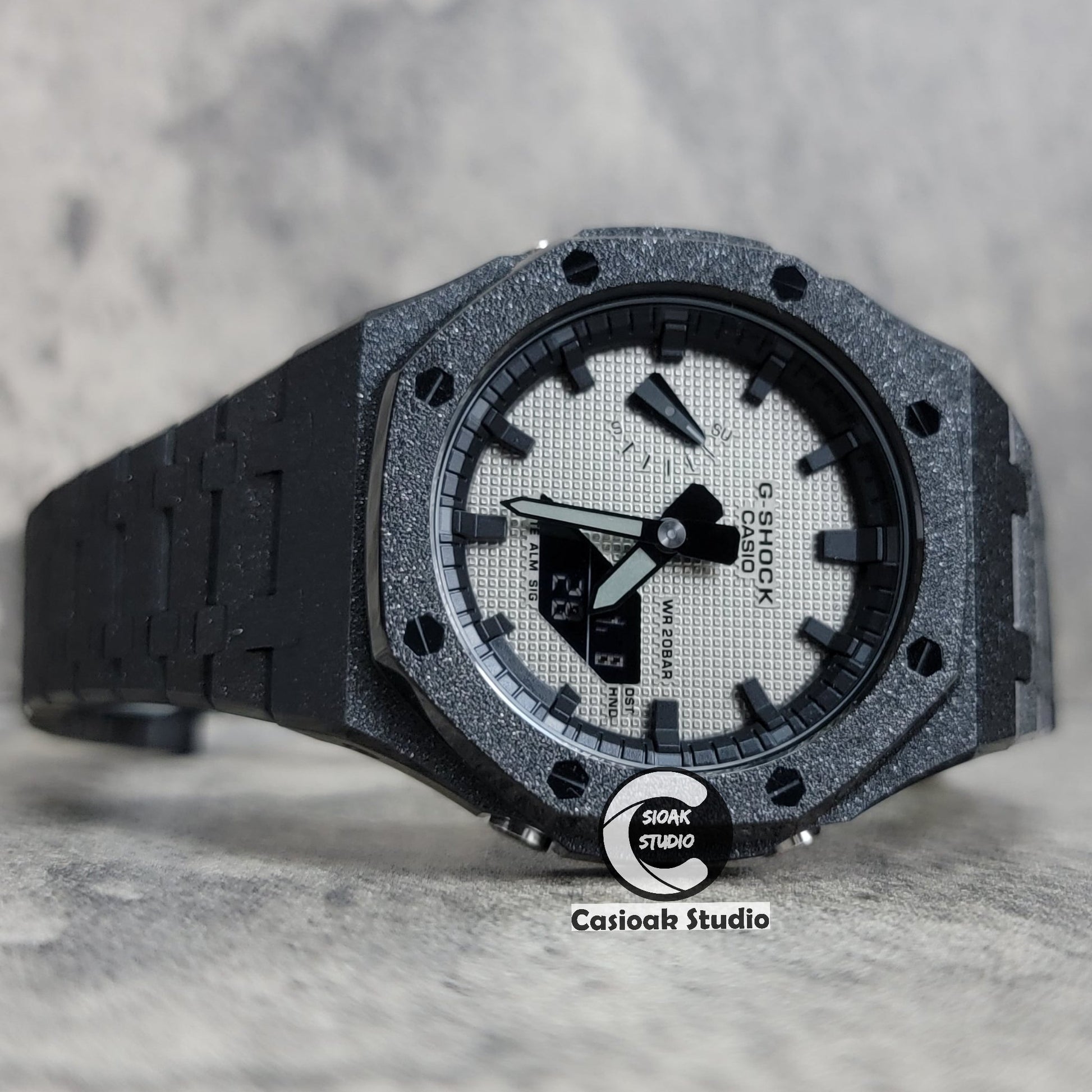 Casioak Mod Watch Frosted Black Case Metal Strap Black Time Mark Gray Waffle Dial 44mm- Casioak Mod Casio G-Shock Royal Oak Custom Mens Luxury Watches Ga2100