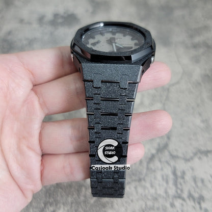 Casioak Mod Watch Frosted Black Case Metal Strap Black Time Mark Gray Waffle Dial 44mm- Casioak Mod Casio G-Shock Royal Oak Custom Mens Luxury Watches Ga2100