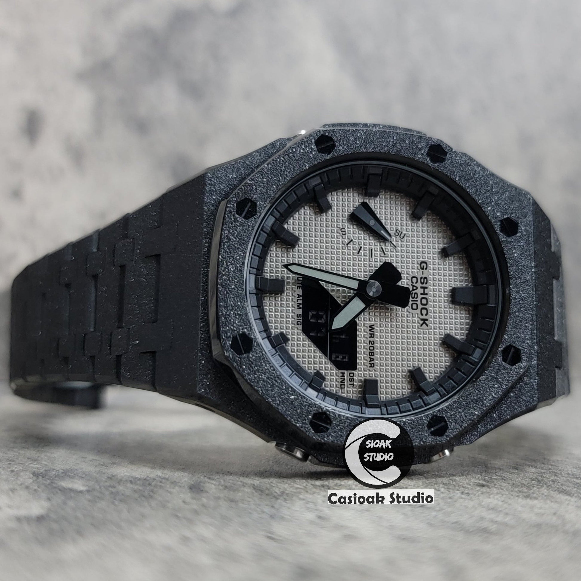 Casioak Mod Watch Frosted Black Case Metal Strap Black Time Mark Gray Waffle Dial 44mm- Casioak Mod Casio G-Shock Royal Oak Custom Mens Luxury Watches Ga2100