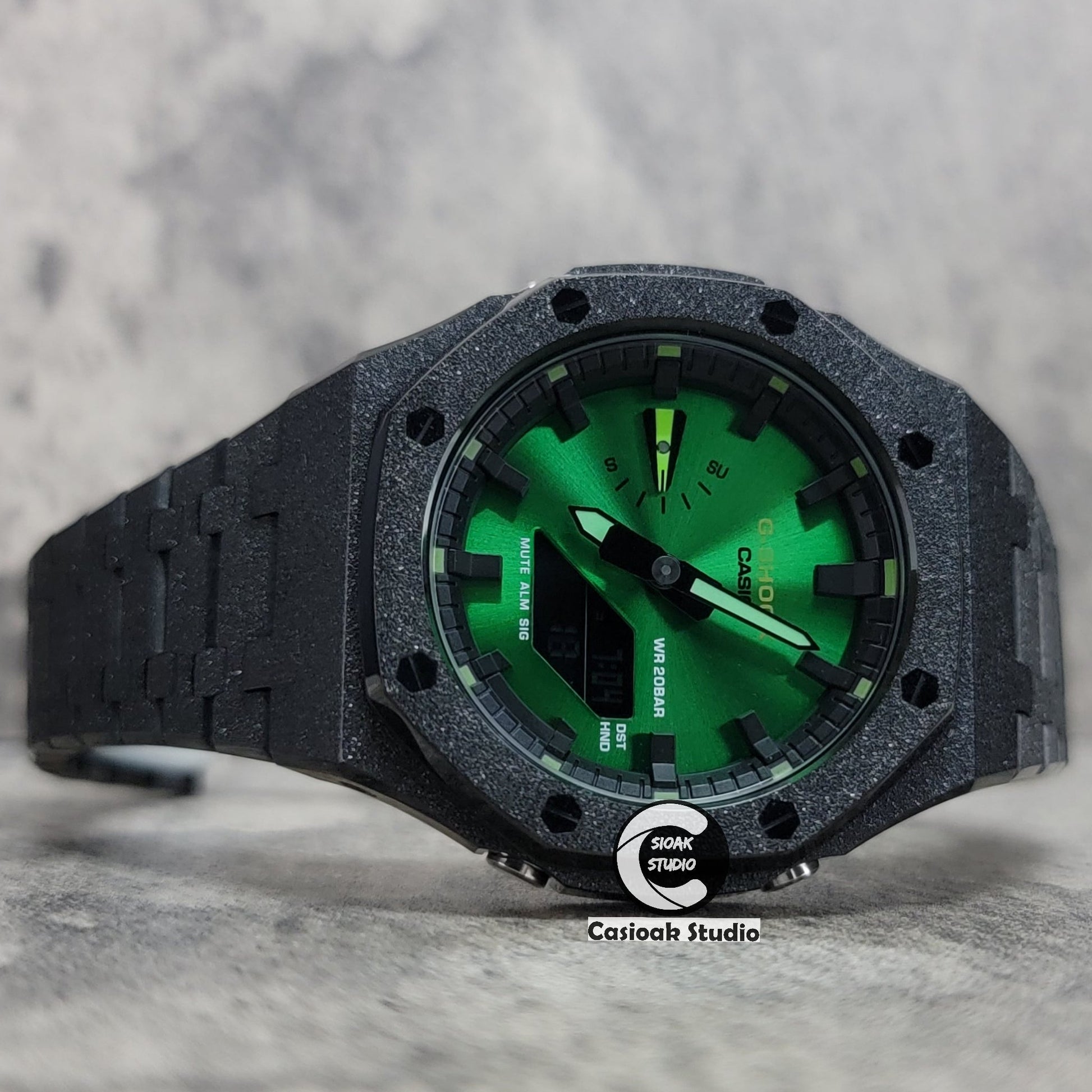 Casioak Mod Watch Frosted Black Case Metal Strap Black Time Mark Green Dial 44mm- Casioak Mod Casio G-Shock Royal Oak Custom Mens Luxury Watches Ga2100